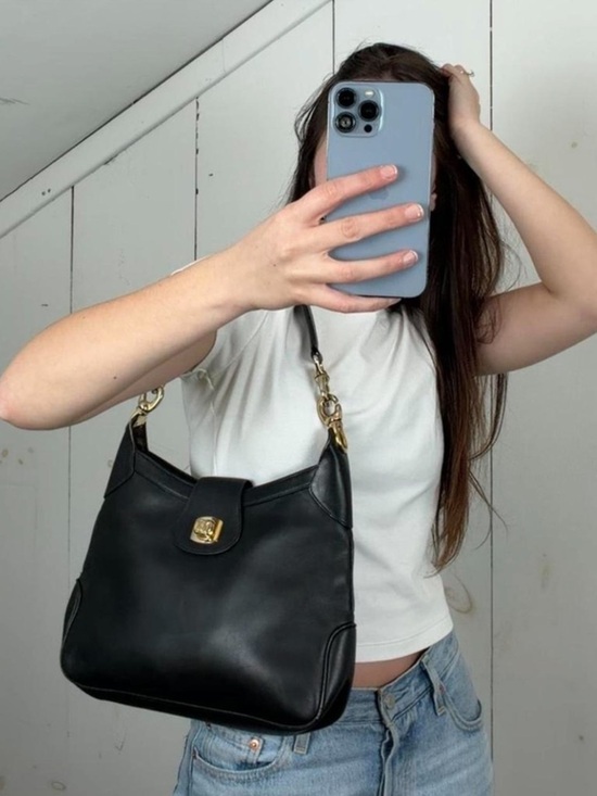 Celine Handbags - Vintage 80s Celine Black Smooth Leather Hobo Shoulder Bag Gold-Toned Hardware